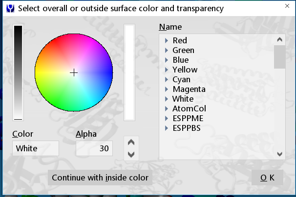 Surface color and transparency menu